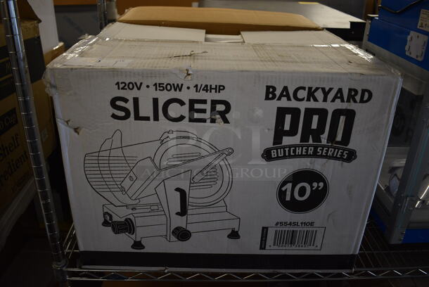 BRAND NEW IN BOX! Backyard Pro 554SL110E Stainless Steel Commercial Countertop Meat Slicer w/ Blade Sharpener. 20x17x14. Tested and Working! - Image 2 of 5