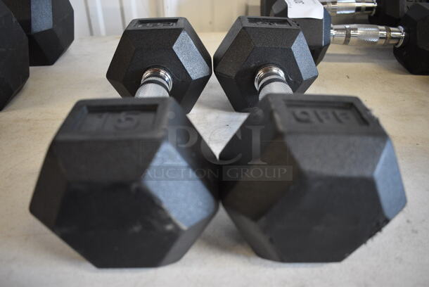 2 Black and Chrome Metal 15 Pound Hex Dumbbells. 12x5x4. 2 Times Your Bid! - Image 4 of 4