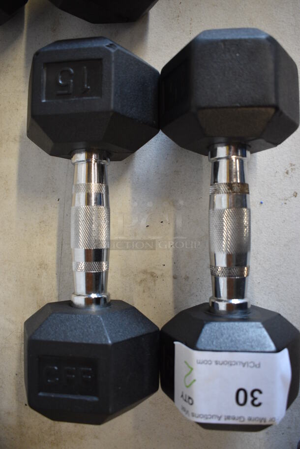 2 Black and Chrome Metal 15 Pound Hex Dumbbells. 12x5x4. 2 Times Your Bid! - Image 1 of 4