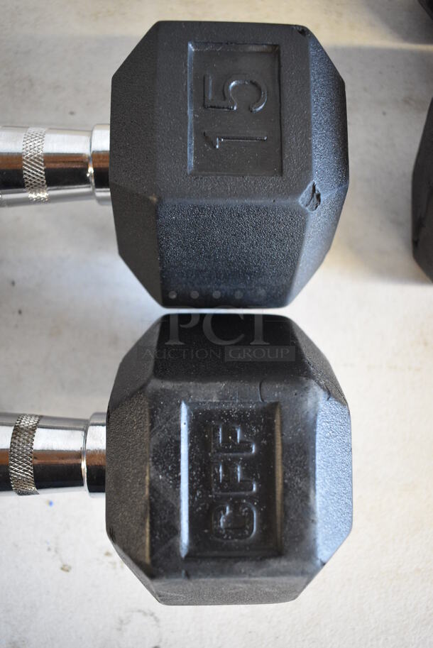 2 Black and Chrome Metal 15 Pound Hex Dumbbells. 12x5x4. 2 Times Your Bid! - Image 2 of 4