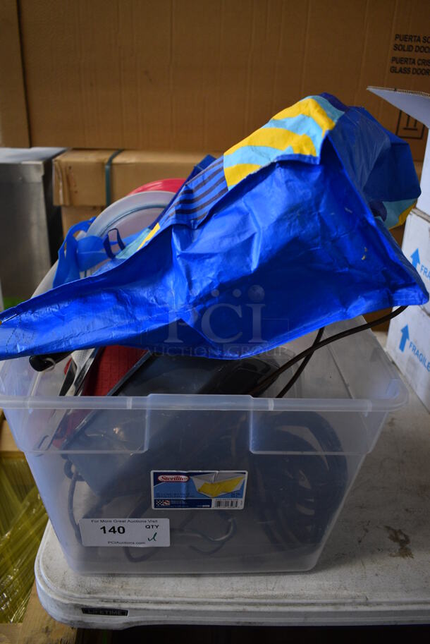 ALL ONE MONEY! Lot of Various Items Including Blue Bag, Poly Lids, Utensils in Clear Bin