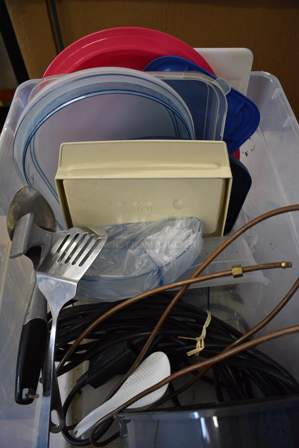 ALL ONE MONEY! Lot of Various Items Including Blue Bag, Poly Lids, Utensils in Clear Bin - Image 2 of 6