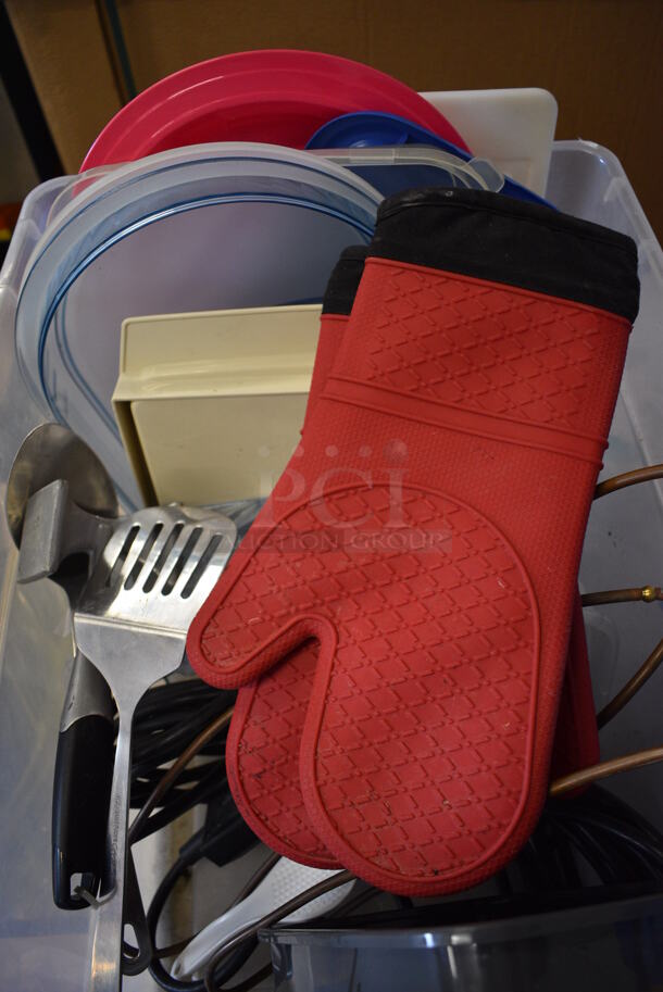 ALL ONE MONEY! Lot of Various Items Including Blue Bag, Poly Lids, Utensils in Clear Bin - Image 3 of 6
