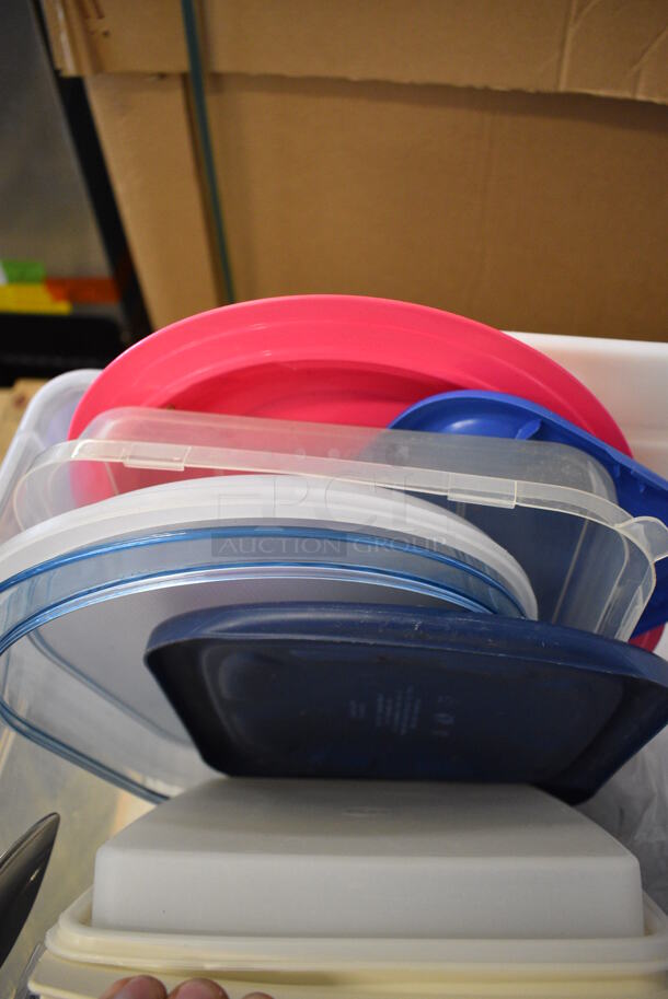 ALL ONE MONEY! Lot of Various Items Including Blue Bag, Poly Lids, Utensils in Clear Bin - Image 4 of 6