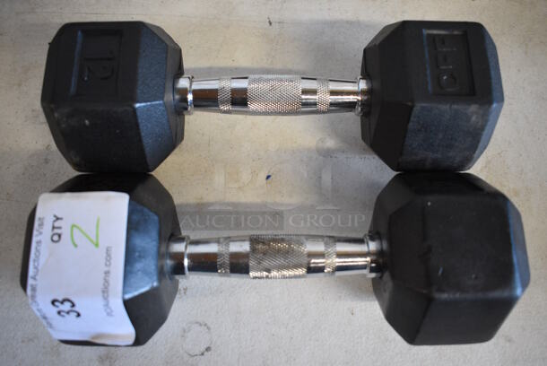 2 Black and Chrome Metal 12 Pound Hex Dumbbells. 11.5x4.5x3.5. 2 Times Your Bid!
