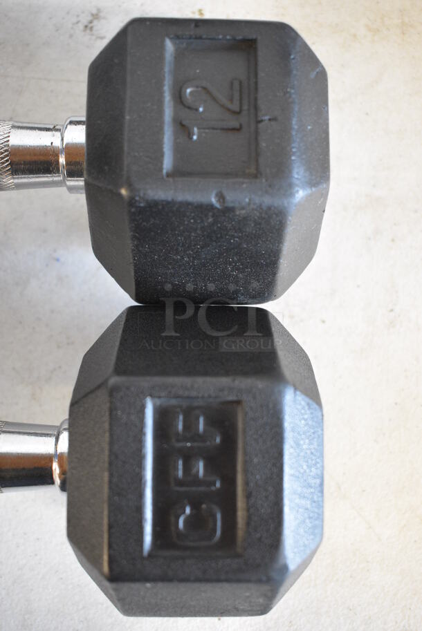 2 Black and Chrome Metal 12 Pound Hex Dumbbells. 11.5x4.5x3.5. 2 Times Your Bid! - Image 3 of 4