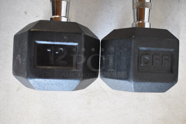 2 Black and Chrome Metal 12 Pound Hex Dumbbells. 11.5x4.5x3.5. 2 Times Your Bid! - Image 3 of 4