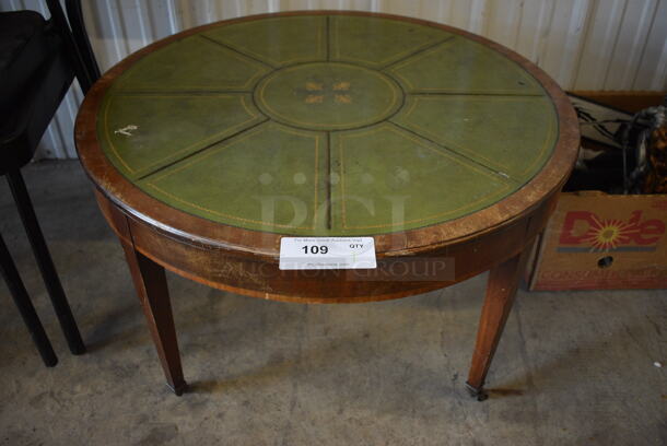 ANTIQUE! Green and Brown Wooden Round Coffee Table on Casters. 30x30x18