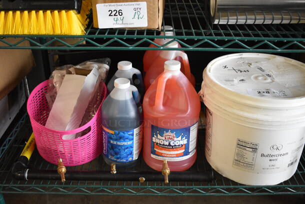 ALL ONE MONEY! Tier Lot of Various Items Including Blue Raspberry and orange Snow Cone Flavoring Syrup and Pink Basket