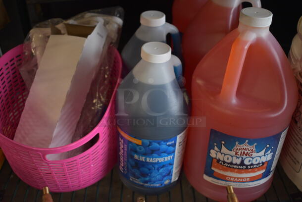 ALL ONE MONEY! Tier Lot of Various Items Including Blue Raspberry and orange Snow Cone Flavoring Syrup and Pink Basket - Image 2 of 9