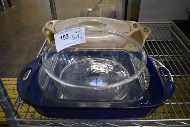5 Various Baking Pans; Ceramic and Glass w/ 1 Lid. Includes 9.75x9.75x4. 5 Times Your Bid!