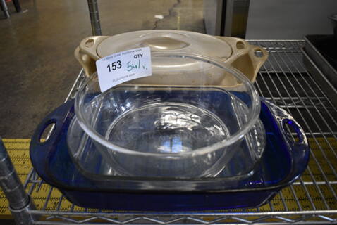 5 Various Baking Pans; Ceramic and Glass w/ 1 Lid. Includes 9.75x9.75x4. 5 Times Your Bid!