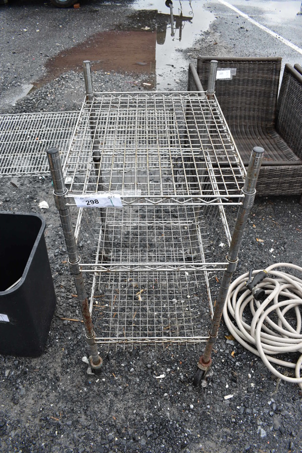 Chrome Finish 3 Tier Basket Shelving Unit on Commercial Casters. BUYER MUST DISMANTLE. PCI CANNOT DISMANTLE FOR SHIPPING. PLEASE CONSIDER FREIGHT CHARGES. 18x24x42 - Image 1 of 5