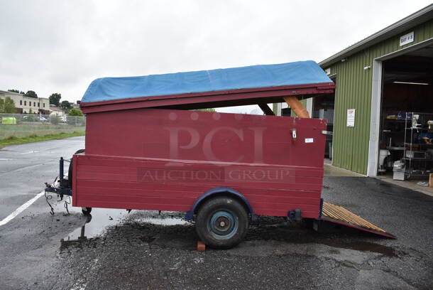 Wooden Enclosed Trailer w/ Hitch, Lock, Keys, Adjustable Roof, Ramp and Spare Tire. Does Not Have Title. 96x160x86. Interior: 72x116x48.5