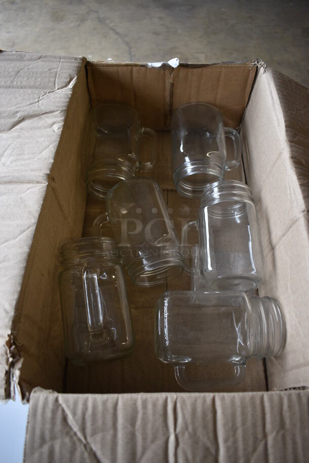 6 IN ORIGINAL BOX! Glass Mason Jar w/ Handle. 4x3x5. 6 Times Your Bid!
