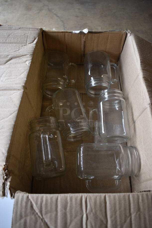 6 IN ORIGINAL BOX! Glass Mason Jar w/ Handle. 4x3x5. 6 Times Your Bid! - Image 1 of 4