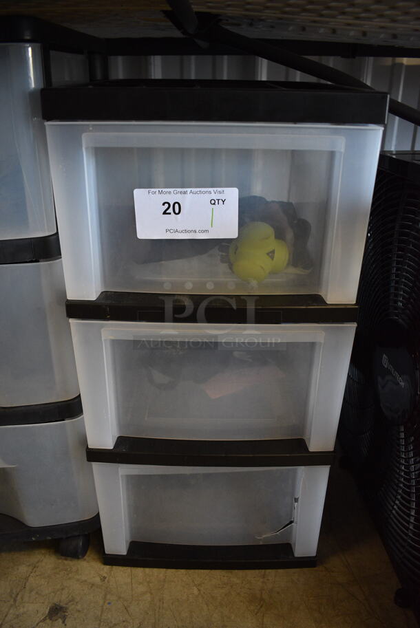 Clear and Black Poly 3 Tier Cabinet w/ Contents Including Fingerless Gloves. 12x14x24 - Image 1 of 6