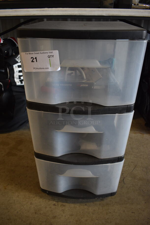 Clear and Black Poly 3 Tier Cabinet w/ Contents Including Resistance Bands and Ultra Speed Rope. 13x15x27