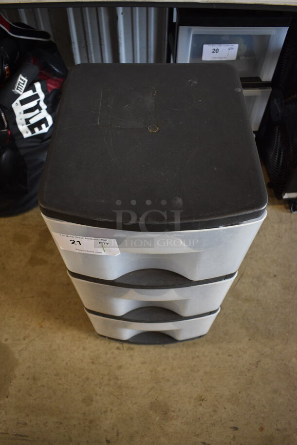 Clear and Black Poly 3 Tier Cabinet w/ Contents Including Resistance Bands and Ultra Speed Rope. 13x15x27 - Image 2 of 6