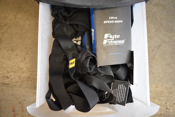 Clear and Black Poly 3 Tier Cabinet w/ Contents Including Resistance Bands and Ultra Speed Rope. 13x15x27 - Image 3 of 6