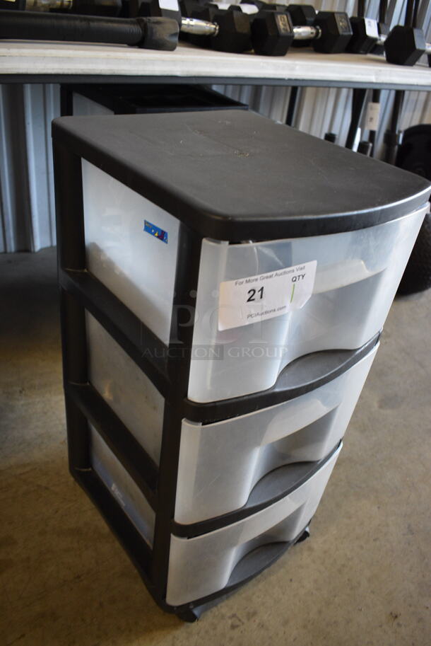 Clear and Black Poly 3 Tier Cabinet w/ Contents Including Resistance Bands and Ultra Speed Rope. 13x15x27 - Image 6 of 6