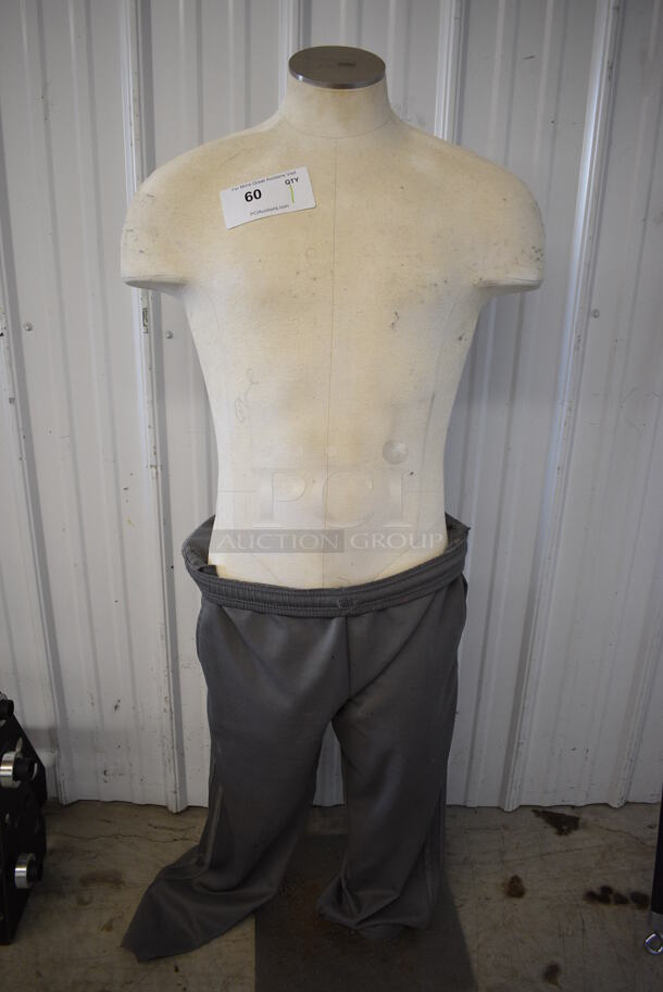 Male Mannequin Torso w/ Pants on Metal Stand. 14.5x14.5x52
