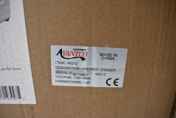 BRAND NEW IN BOX! Avantco Model MG12 Stainless Steel Commercial Countertop #12 Meat Grinder w/ Tray and Pusher. 110 Volts, 1 Phase. 10x16x19. Tested and Working! - Image 2 of 4