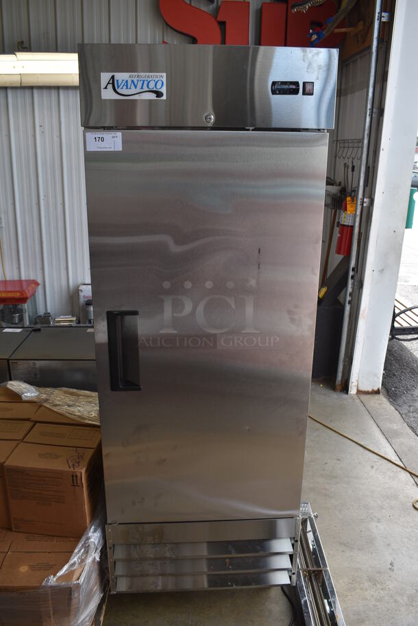 Avantco Model 178A19RHC Stainless Steel Commercial Single Door Reach In Cooler w/ Poly Coated Racks on Commercial Casters. 115 Volts, 1 Phase. 29x26x83. Tested and Powers On But Does Not Get Cold