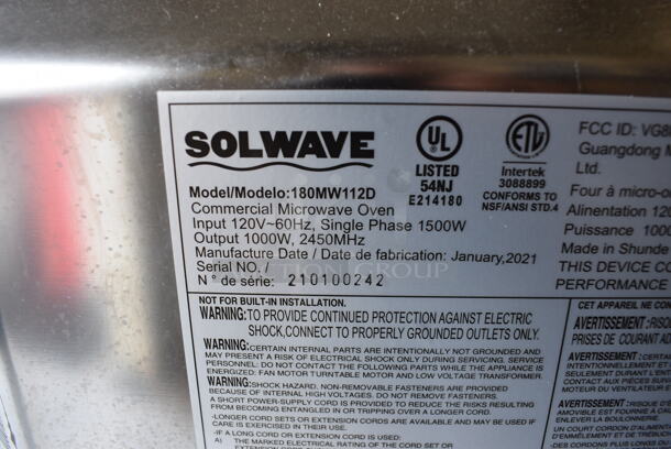 2021 Solwave 180MW112D Stainless Steel Commercial Countertop Microwave. 120 Volts, 1 Phase. 22x17x13 - Image 7 of 8