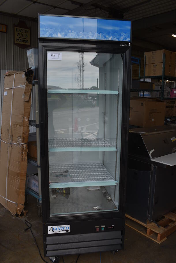 Avantco Model 178GDC23HCB Metal Commercial Single Door Reach In Cooler Merchandiser w/ Poly Coated Racks on Commercial Casters. 115 Volts, 1 Phase. 28x32x84. Cannot Test Due To Missing Thermostat