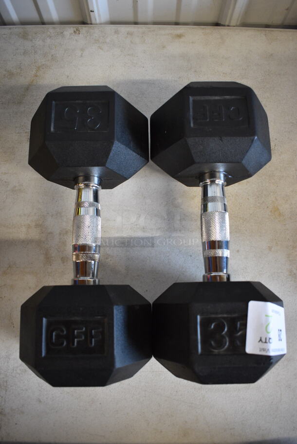 2 Black and Chrome Metal 35 Pound Hex Dumbbells. 13.5x6x5. 2 Times Your Bid!