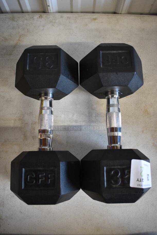 2 Black and Chrome Metal 35 Pound Hex Dumbbells. 13.5x6x5. 2 Times Your Bid! - Image 1 of 5
