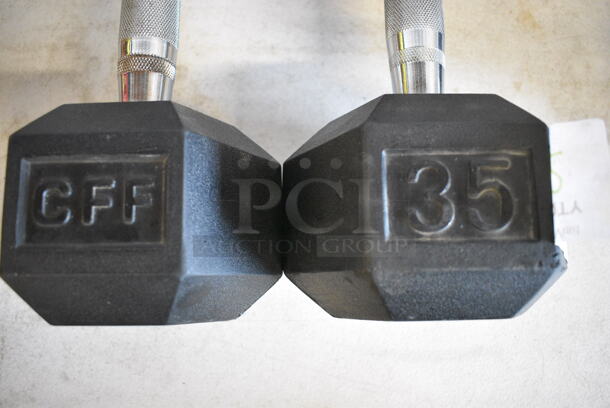 2 Black and Chrome Metal 35 Pound Hex Dumbbells. 13.5x6x5. 2 Times Your Bid! - Image 2 of 5