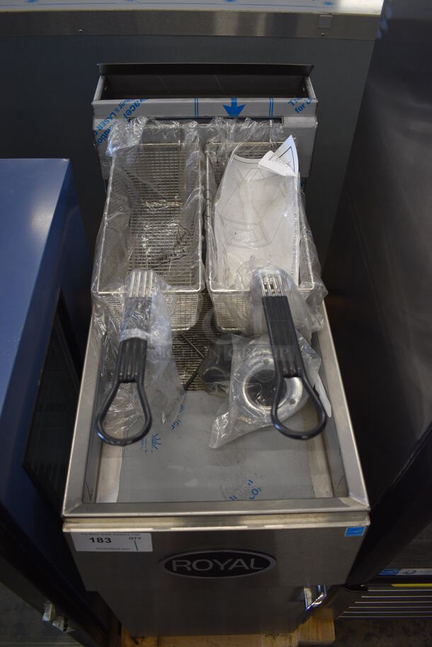 BRAND NEW! 2019 Royal REEF-35 Stainless Steel Commercial Floor Style Natural Gas Powered Deep Fat Fryer w/ 2 Metal Fry Baskets and Legs. 15.5x30x43 - Image 2 of 8