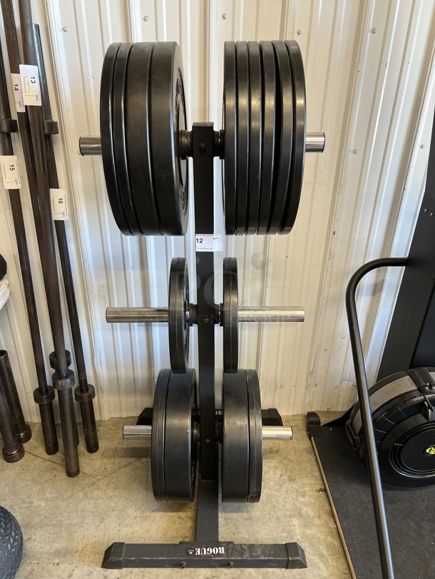 Rogue Black Metal Floor Style 3 Tier Weight Plate Rack w/ Ten 10 Pound, Two 25 Pounds and Four 45 Pounds. Total of 330 Pounds of Bumper Plates. 26x26x58