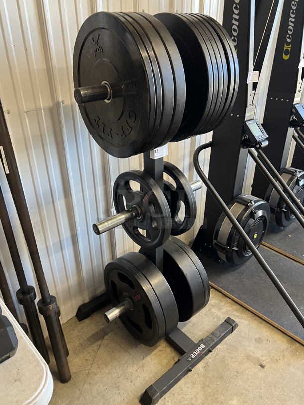 Rogue Black Metal Floor Style 3 Tier Weight Plate Rack w/ Ten 10 Pound, Two 25 Pounds and Four 45 Pounds. Total of 330 Pounds of Bumper Plates. 26x26x58 - Image 2 of 8