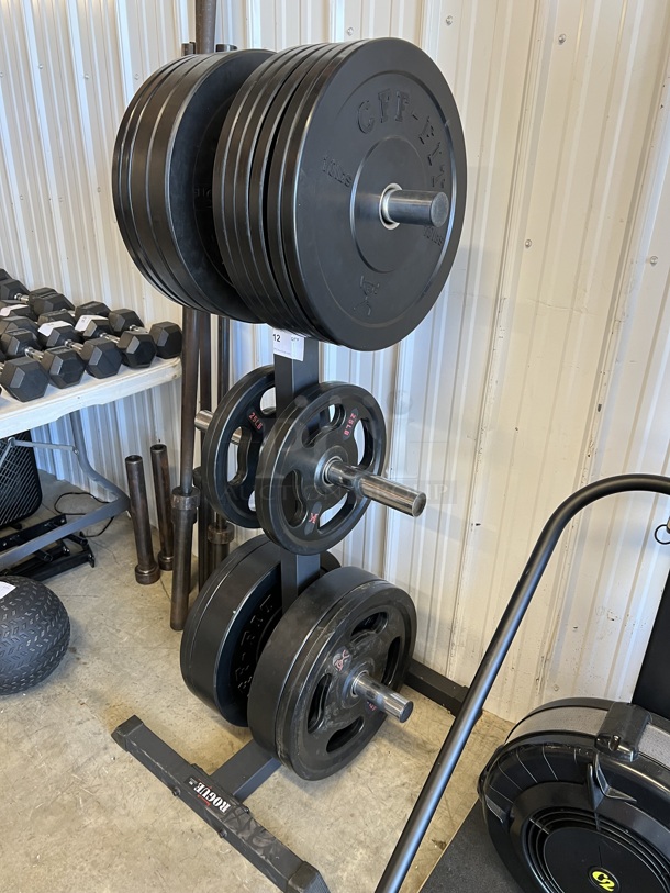 Rogue Black Metal Floor Style 3 Tier Weight Plate Rack w/ Ten 10 Pound, Two 25 Pounds and Four 45 Pounds. Total of 330 Pounds of Bumper Plates. 26x26x58 - Image 3 of 8