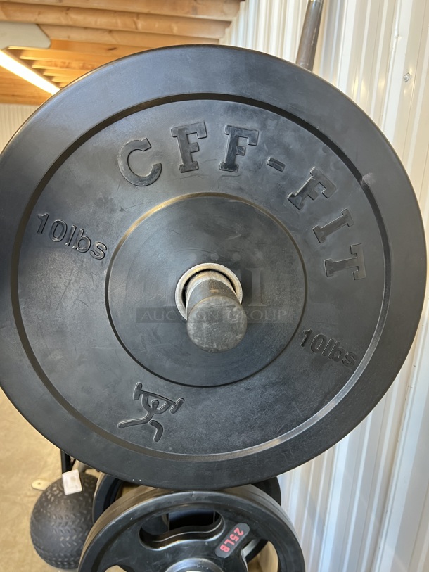 Rogue Black Metal Floor Style 3 Tier Weight Plate Rack w/ Ten 10 Pound, Two 25 Pounds and Four 45 Pounds. Total of 330 Pounds of Bumper Plates. 26x26x58 - Image 4 of 8