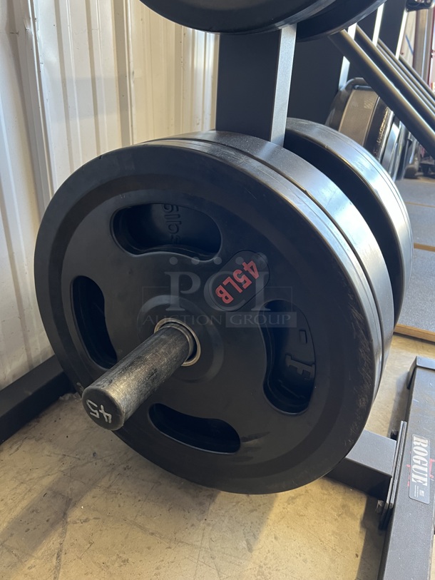 Rogue Black Metal Floor Style 3 Tier Weight Plate Rack w/ Ten 10 Pound, Two 25 Pounds and Four 45 Pounds. Total of 330 Pounds of Bumper Plates. 26x26x58 - Image 6 of 8