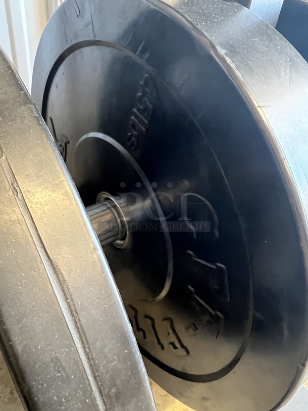 Rogue Black Metal Floor Style 3 Tier Weight Plate Rack w/ Ten 10 Pound, Two 25 Pounds and Four 45 Pounds. Total of 330 Pounds of Bumper Plates. 26x26x58 - Image 7 of 8