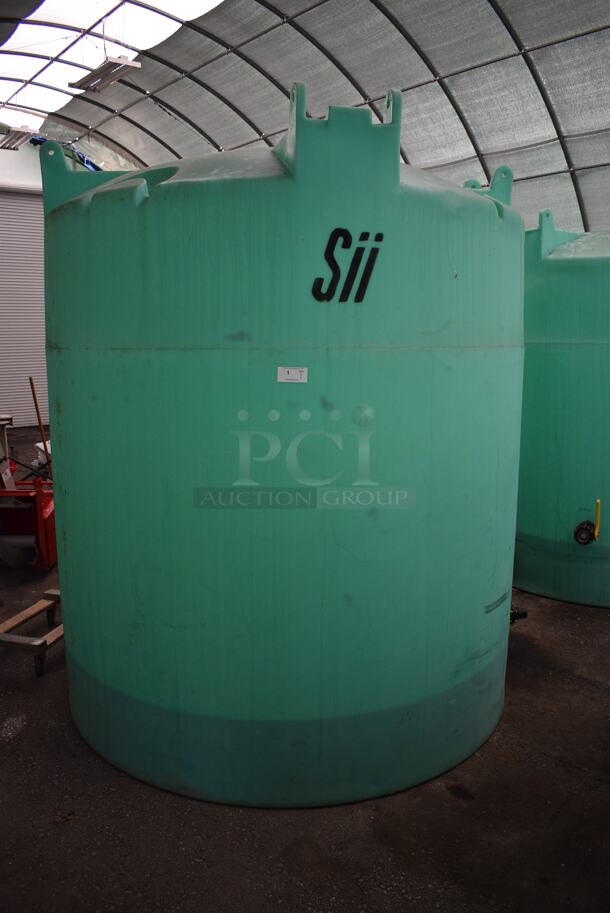 Sii ASM TK 2500VDT Green Poly Beet Juice Deicer Liquid Vertical Industrial Chemical Storage Tank w/ Snyder's Stress Reliever Dispenser. BUYER MUST REMOVE. 84x84x102