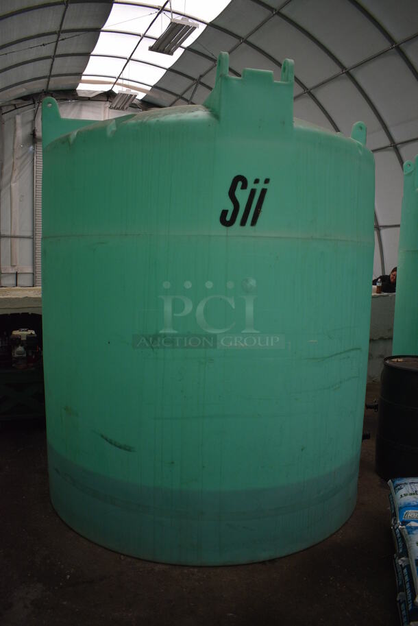 Sii ASM TK 2500VDT Green Poly Beet Juice Deicer Liquid Vertical Industrial Chemical Storage Tank w/ Snyder's Stress Reliever Dispenser. BUYER MUST REMOVE. 84x84x102