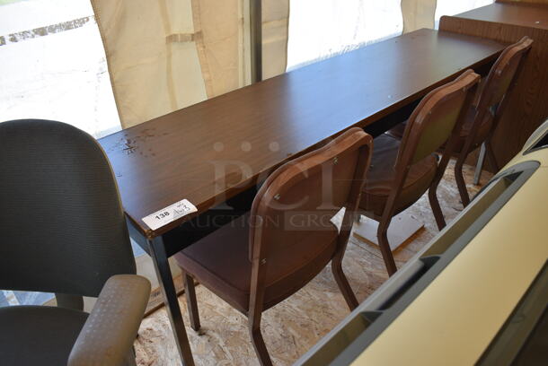 Wood Pattern Table w/ 3 Metal Chairs. 72x18x29, 16x16x33