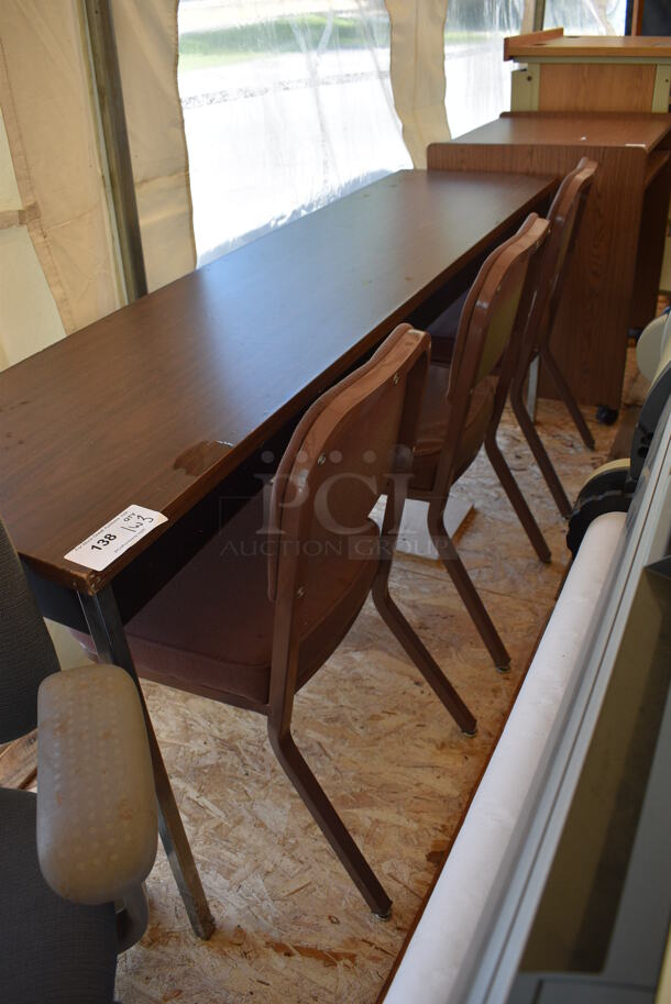 Wood Pattern Table w/ 3 Metal Chairs. 72x18x29, 16x16x33 - Image 3 of 4