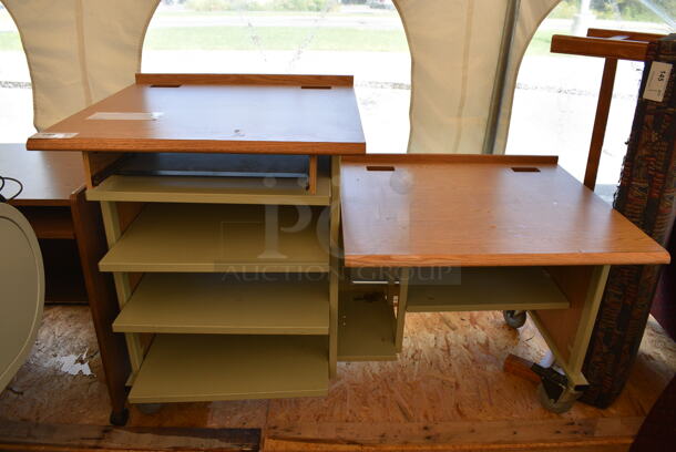 Tan Metal Multi Level Desk w/ Wood Pattern Desktops on Casters. 63x30x41