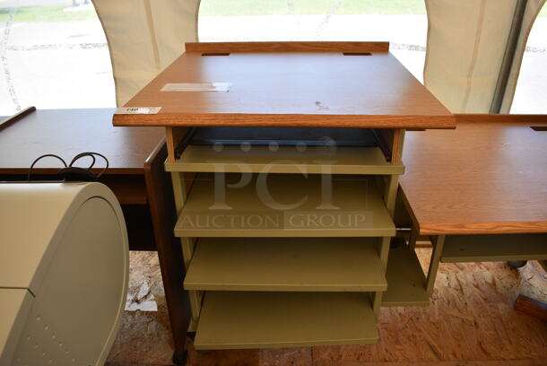 Tan Metal Multi Level Desk w/ Wood Pattern Desktops on Casters. 63x30x41 - Image 2 of 6