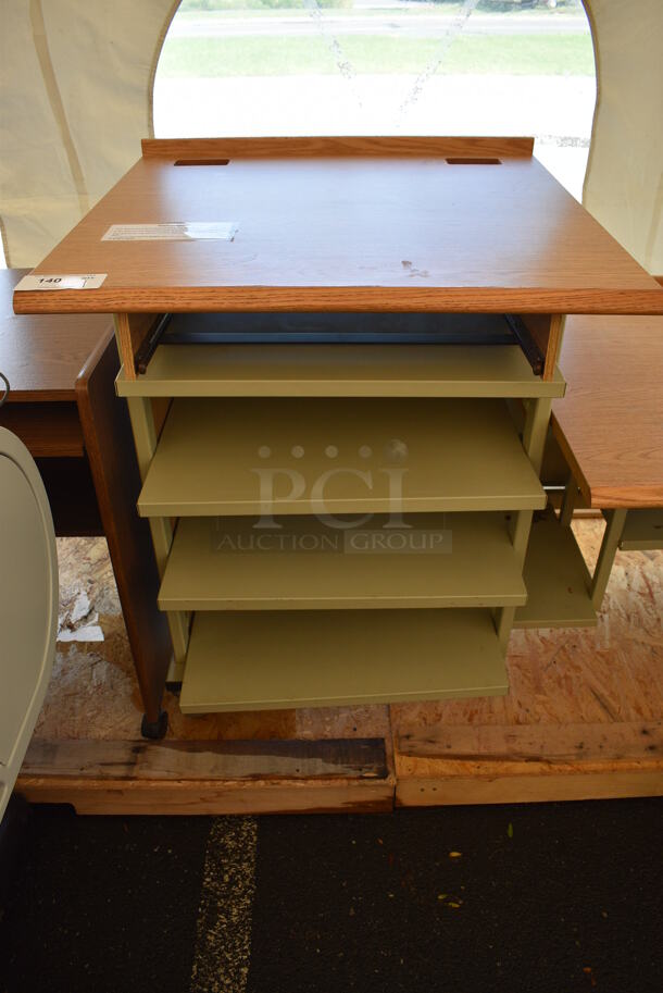Tan Metal Multi Level Desk w/ Wood Pattern Desktops on Casters. 63x30x41 - Image 3 of 6