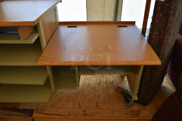 Tan Metal Multi Level Desk w/ Wood Pattern Desktops on Casters. 63x30x41 - Image 4 of 6