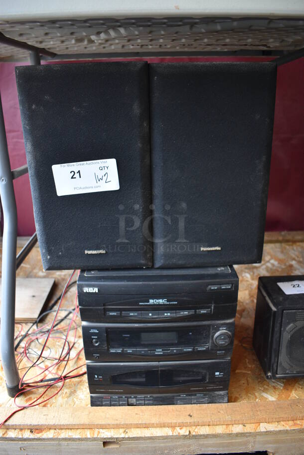 RCA 3 Disc Simultaneous Play and Load Stereo System w/ 2 Panasonic Speakers. 11x13x11.5, 8x7.5x13.5 - Image 1 of 7