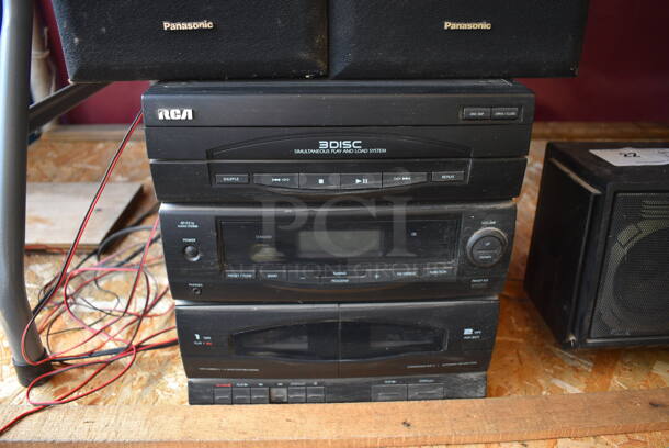 RCA 3 Disc Simultaneous Play and Load Stereo System w/ 2 Panasonic Speakers. 11x13x11.5, 8x7.5x13.5 - Image 2 of 7